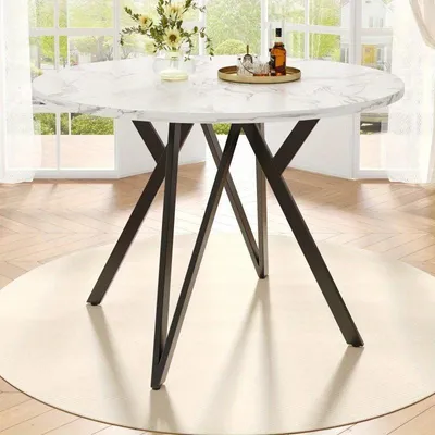 Image de Table ronde de 100 cm avec plateau en MDF imitation marbre et pieds en métal noir en forme de "A", idéale comme table de cuisine compacte