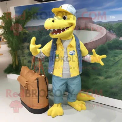 Produktbild von Maskottchen REDBROKOLY kostüm eines gelben Krokodils bekleidet mit einem Chambray-Hemd und Geldbörsen