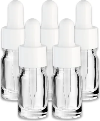 Produktbild von 5x Farblose Glasflasche 5 ml mit weißer Pipette Glasfläschchen 18 mm