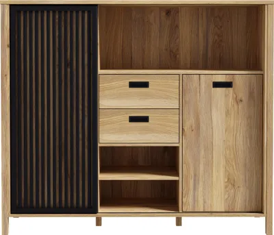 Produktbild von Forte JYTANA Schrank 150, skandinavischer Schrank mit 2 Schubladen und Schranktüren und 3 Regalfächern, Mauvella Eiche Holzdekor / Schwarz, 149,9 cm breit x 129,9 cm hoch x 40,2 cm tief
