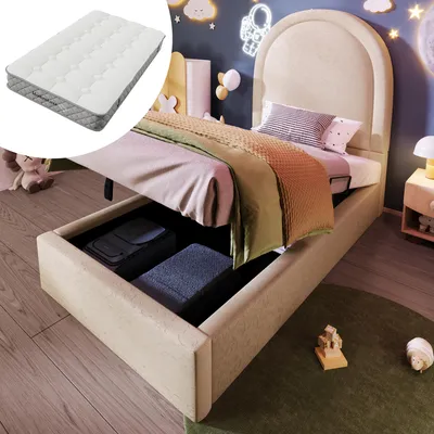 Produktbild von STILVORA Polsterbett 90 x 200 cm mit Matratze, Kinderbett mit einem hydraulischen Lattenrost, Metallstoppern, Ergonomische 7-Zonen-Orthopädische Unterstützung Beige
