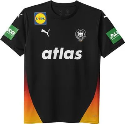 A black Puma DHB handball jersey with red, orange, and yellow accents at the bottom.