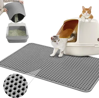 Produktbild von Katzenklo Matte 60x45CM, Katzenstreu Matte Wasserdichte Doppelte Schichte, Katzenmatte Katzenklo Unterleger Waben, Matte Katzentoilette fš¹r Litter Catcher, Cat Litter Mat Grau, Katzentoilette Matte