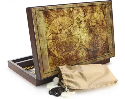 An open backgammon board with a map design on the lid, and a bag of game pieces spilling out.