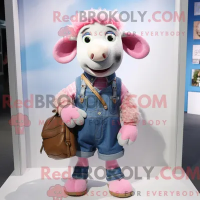 Produktbild von Maskottchenfigur REDBROKOLY eines rosa Schafs bekleidet mit Chambray-Hemd und Handtaschen