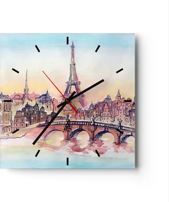 Produktbild von Wanduhr - Quadrat - Glasuhr - Brücke Eiffle Illustration Frankreich - 40x40cm - Schleichendes Uhrwerk - Lautlos - zum Aufhängen bereit - Dekoration Modern - Wanddekoration aus Glas - C3AC40x40-2999