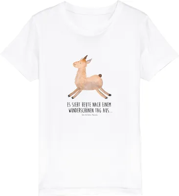 Produktbild von Mr. & Mrs. Panda Kleinkinder T-Shirt Lama Springen 3-4 Jahre (98/104) - Weiß - Geschenk, Kinder-T-Shirt, Start, Kindershirt, Teenager, Kinder, Guten Morgen, Lamas, Öko