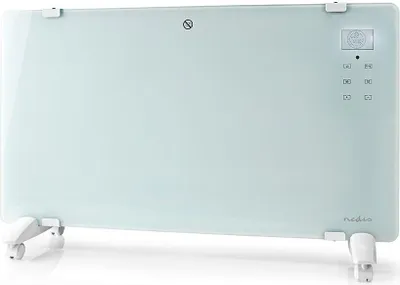 A white glass panel heater with white legs and a control panel on the right side.