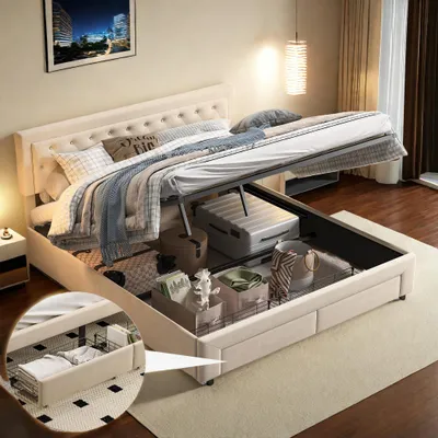 Obrázok produktu pre ProximaX Úložný priestor 160x200cm Béžový zamat, hydraulická posteľ s úložným priestorom a 2 zásuvkami