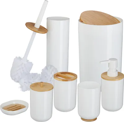 Image de Ensemble de salle de bain Relaxdays, 7 pièces, accessoires de salle de bain en plastique et bambou, ensemble complet d'accessoires de salle de bain, ensemble de salle de bain, blanc/naturel