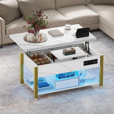 Produktbild von BALCONERA Couchtische, Beistelltische, Wohnzimmertisch, Höhenverstellbar, Esstisch-umwandelbar, Stauraum, LED-Beleuchtung, Weiß