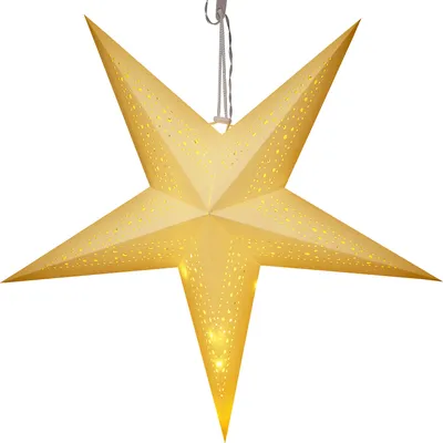 A lit, five-pointed star decoration hanging from a string.