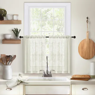 Image de Lot de 2 voilages transparents aspect lin, voilages de bistrot, voilages courts pour cuisine, salon ou chambre à coucher, couleur crème, L63 x H63 cm