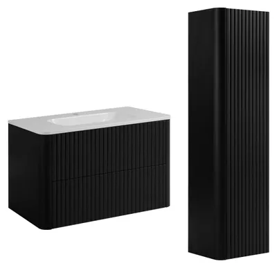 Produktbild von Badmöbel-Set Schrank 80 mit Waschbecken und Hochschrank, Schwarz, 80,30 x 48,4 x 43,7 cm