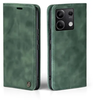 A green flip cover phone case for a Xiaomi Redmi Note 13 5G is shown from two angles, open and closed.