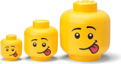 Three yellow LEGO head storage containers of different sizes are displayed against a white background.