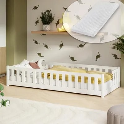 Image de Lit d'enfant au sol avec barrières de sécurité, sommier à lattes et matelas | Lit Montessori | Lit à barreaux | Lit pour enfants et adolescents | Lit simple | 80 x 160 cm | Blanc