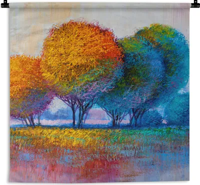 Produktbild von MuchoWow® Wandteppich Wandbehang Malerei - Ölgemälde - Natur - Bäume 150x150 cm Tapisserie Dekoration Wandtuch - Wohnaccessoires - Modernes