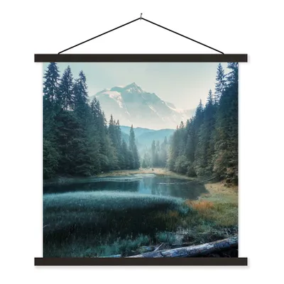 Produktbild von MuchoWow® Textilposter Wald - Gras - Berge - Bäume - Natur 120x120 cm mit schwarzem Rahmen - Aufhängungsset