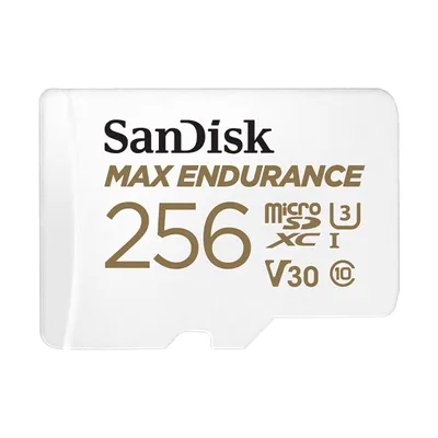 A SanDisk MAX ENDURANCE 256 GB MicroSDXC card.