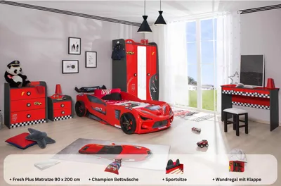 Produktbild von Kinderzimmer komplett Set Autobett Rio 5 teilig Rot , Sportsitze:inkl. Sportsitze, Matratze:Creativ Fresh Plus H2, Bettwäsche:mit Bettwäsche, Wandregal:Wandregal mit Klappe