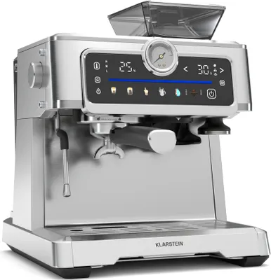 Produktbild von Klarstein GrandPresso Touch Siebträgermaschine Mit Mahlwerk – 20-Bar, 1350 W, Integriertes Präzisionsmahlwerk, 2,3 L Wassertank, Touchscreen, Edelstahl, Dampfdüse, Manometer