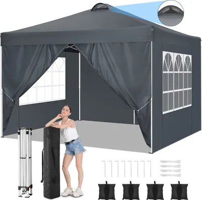 Produktbild von 3x3 Pavillon Wasserdicht Pop up Faltpavillon Pavillon mit 4 Seitenteilen Faltbar Zelt Gartenpavillon, grau