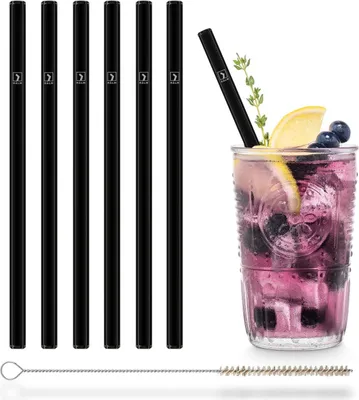 Produktbild von HALM Schwarze Glasstrohhalme Wiederverwendbare Strohhalme - 6 Stück gerade 20 cm + plastikfreie Reinigungsbürste - Spülmaschinenfest - Nachhaltig - Glastrinkhalme Glasstrohalm