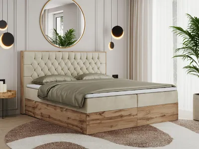 Obrázek produktu pro Boxspring s dřevěným dekorem a prošívaným čelem AMORE s úložným prostorem - 160x200 cm - Multipocket H4 | Béžová Samet - Topper T25