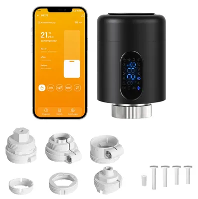 Obrázek produktu pro Ikodm Chytrý termostat pro radiátory, WiFi, ovládání přes aplikaci, kompatibilní s platformami Smart Life/Tuya, 7 adaptérů pro ventily, černý, 1 kus