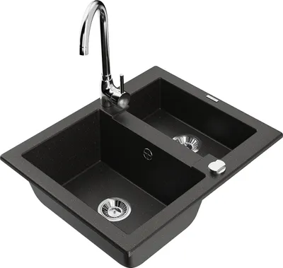 Produktbild von Mexen Carlos 1,5-Becken-Granitspüle mit Mischbatterie Telma, Schwarz/Gold metallisch - 6518-75-670200-00