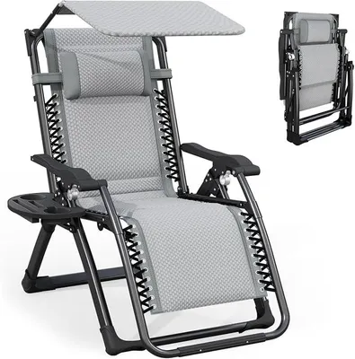 Imagen del producto de Silla de jardín reclinable con protección solar, reposacabezas y portavasos, ideal para jardín, piscina y playa (gris)