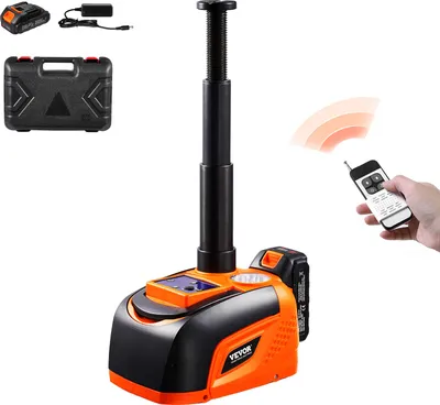 A VEVOR electric car jack set is displayed with its accessories, including a battery, charger, and carrying case. A hand is shown holding a remote control, indicating the product's wireless functionality.