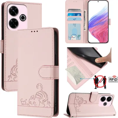Produktbild von Leder Hülle für Xiaomi Redmi 13 / Note 13R Süße Katze Flip Case Brieftasche Schutzhülle mit Standfunktion Pink