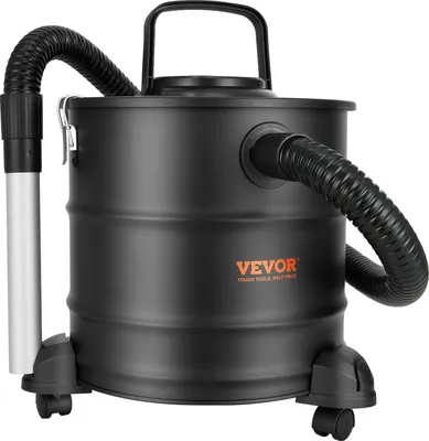 A black VEVOR ash vacuum cleaner with a hose and wand is shown against a white background.