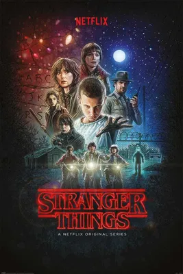 A collage of characters from the TV show Stranger Things against a dark, starry background with some lights.