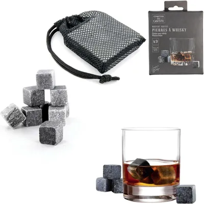 Zdjęcie produktu dla Zestaw kamieni do whisky - 9 kamieni chłodzących wielokrotnego użytku z torbą do przechowywania - idealne do whisky, koktajli i drinków - antracytowy