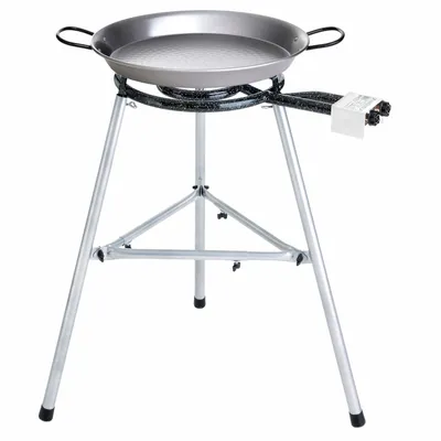Produktbild von Hochwertiges Paella Grill-Set für Single-Griller: Pfanne Ø 38 cm, 2-Ring-Brenner Ø 30 cm, 7,5 kW, stabiler Dreibein-Ständer, höhenverstellbar