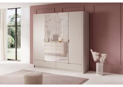 Produktbild von LATTE beiger 4-türiger Kleiderschrank mit 2 Schubladen, moderner Kleiderschrank mit Spiegel und geriffelten Fronten, dekorativer Schrank 213 cm mit Drehtüren und Kleiderstange, Farbe: Beige