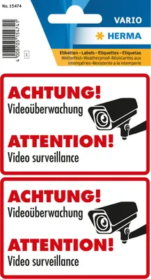 Produktbild von HERMA Hinweisetiketten "ACHTUNG! Videoüberwachung" 2 Etiketten auf 1 Blatt