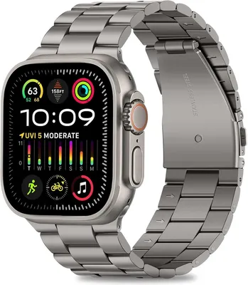Produktbild von Stravo Titan-Gliederarmband für Apple Watch, Metallarmband, passend für 49/46/45/44 mm (Ultra 1/2/3, Serie 4–11, SE 1/2/3), Titan
