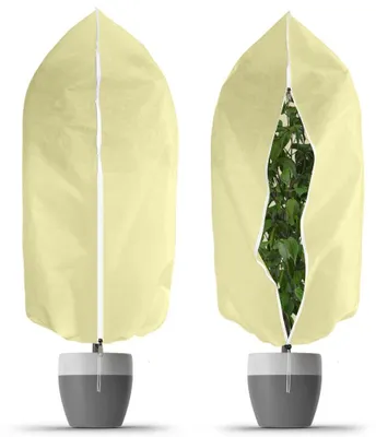 Image de Protection hivernale pour plantes, lot de 2, 100 x 80 cm, housses résistantes au gel, 60 g/m², avec fermeture éclair et cordon de serrage, protection hivernale pour arbres, palmiers et plantes de balcon.