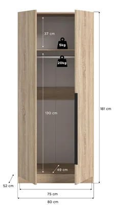 Produktbild von xonox.home Kopenhagen Kleiderschrank 2-türig (B/H/T: 80x180x52 cm) in Sonoma Eiche Nachbildung und Sonoma Eiche Nachbildung