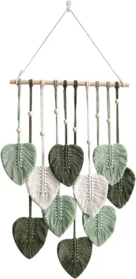 Produktbild von Wandteppich Boho, handgemacht, Holzperlen und Blätter, 40 x 80 cm, grün