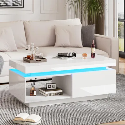 Image de OKWISH Table basse 100x50x40 cm Avec 1 Tiroir et Finition Haut Brillant, Blanc