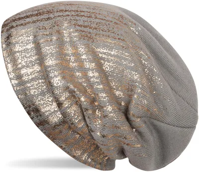 Produktbild von styleBREAKER warme Feinstrick Beanie Mütze mit Metallic Print und Fleece Innenfutter, Slouch Longbeanie, Uni 04024132