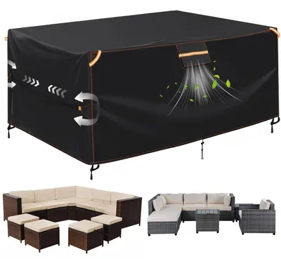 Zdjęcie produktu dla Plancha ochronna do mebli ogrodowych, do użytku zewnętrznego, wodoodporna, wymiary 250x210x90 cm, wykonana z tkaniny Oxford 420D, z otworami wentylacyjnymi, kolor czarny
