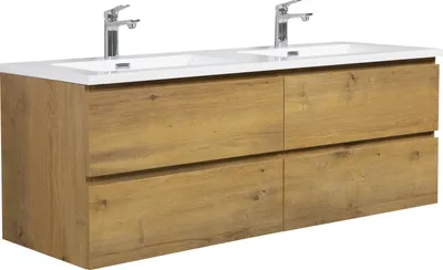 A modern wall-mounted bathroom vanity with a wood-grain finish and a white countertop with two sinks and faucets.