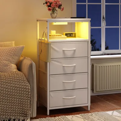 Zdjęcie produktu dla Nowoczesna 4-poziomowa szafka nocna z szufladami, gniazdami UE i USB, oświetleniem LED, kieszeniami bocznymi, haczykami w kształcie litery L, biała