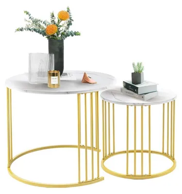 Image de Ensemble de 2 tables d'appoint rondes, style table basse, en marbre blanc et métal, design moderne